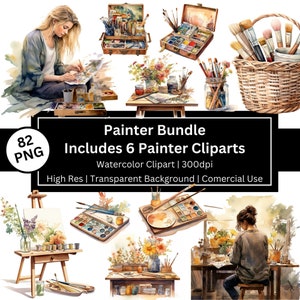 Paquete de pintor, imágenes prediseñadas artísticas de acuarela, niña pintando, pasatiempo, gráficos para tiempo libre, paleta de acuarela, pinceles, comercial, se permite POD
