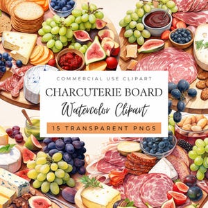 Clipart di un tagliere di salumi ad acquerello, tagliere di formaggi, cibo ad acquerello, grafica di formaggi, piatto di salumi, uva, miele, marmellata, uso commerciale.