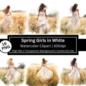 Frühling Mädchen Im Weiß, Mädchen Im Feld Clipart, Aquarell, Frühling Mädchen, Hochzeit, Kleid, Braut, Weißes Kleid, Kommerzielle Nutzung, POD erlaubt