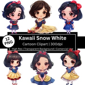 Clipart de Blancanieves, conjunto de 12 dibujos animados, Chibi, Kawaii, fantasía, cuento de hadas, gráficos de dibujos animados, tarjeta de cumpleaños, uso comercial, POD permitido