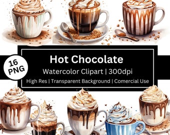Clipart de chocolate quente em aquarela, bebidas de inverno (16 PNG)