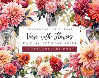 Vase mit Blumen Clipart: Aquarell Blumenarrangement, Hochzeitseinladung (Kommerzielle Nutzung, POD erlaubt)
