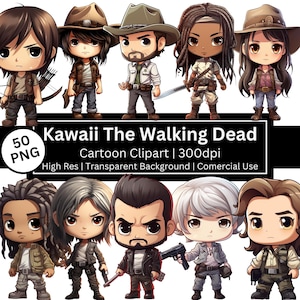 Ensemble de 50 personnages mignons de Walking Dead, dessins animés, clipart Chibi, Kawaii, série d'art mural, zombies, usage commercial, POD autorisé