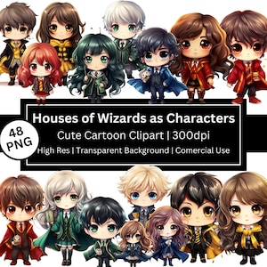 Imágenes prediseñadas de mago mágico, casas HP, personajes lindos, escuela de magos de dibujos animados, chibi de alta resolución, kawaii, arte de fan, uso comercial, POD permitido