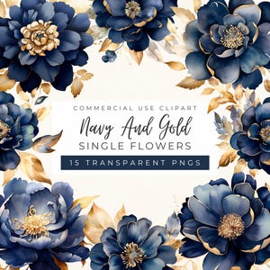 Pode incluir: Clipart floral azul marinho e dourado com flores em estilo aquarela. A imagem apresenta flores azuis marinho com detalhes dourados e folhagens. O texto na imagem diz "Navy And Gold Single Flowers" e "15 Transparent PNGs".