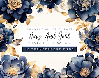 Imágenes prediseñadas florales en azul marino y dorado, flores elegantes, invitación de boda, gráficos dorados (uso comercial)
