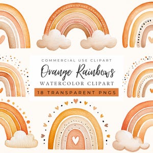 May include: Watercolor clipart featuring orange rainbows with clouds and hearts. The image includes the text "Orange Rainbows Watercolor Clipart" and "18 Transparent PNGs". The rainbows have various shades of orange, peach, and brown.