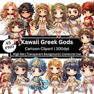 Greek Gods Cute Characters, Set of 45 Cartoon Clipart, Chibi PNG, Kawaii, Greek Mythology, Ancient History, Zeus, Comercial Use, POD Allowed