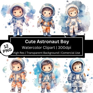 Clipart de menino astronauta fofo, clipart de espaço aquarela infantil, berçário, espaço sideral fofo, estrelas e lua PNG, download instantâneo, uso comercial