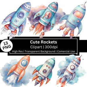 Clipart fusée mignon, clipart espace aquarelle, chambre de bébé, espace extra-atmosphérique, planètes, astronaute, étoiles, chambre de bébé spatiale, fête d'anniversaire, usage commercial