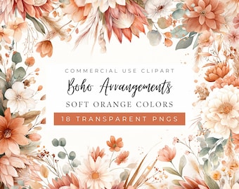 Arreglos florales bohemios en tonos naranjas, ramos de flores bohemios, flores de la Pampa, gráficos de boda en acuarela, flores secas (uso comercial).