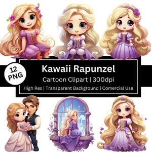 Rapunzel schattige clipart, set van 12 paarse prinses png, kawaii, fantasiesprookje, tekenfilm, uitnodigingen, verjaardag, commercieel gebruik, POD toegestaan
