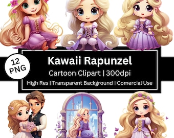 Op de afbeelding: Een set van 12 digitale clipart-afbeeldingen met een cartoon Rapunzel met lang blond haar en een paarse jurk. De afbeeldingen zijn in kawaii-stijl en perfect voor knutselen, scrapbooking en andere creatieve projecten.