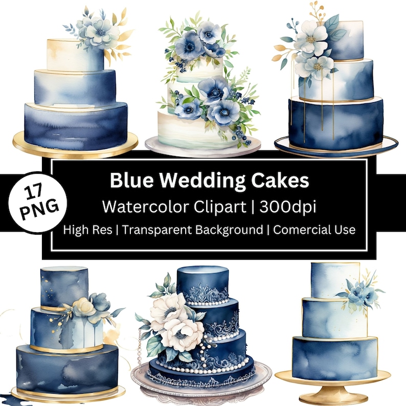Blue Wedding Cake Clipart, Watercolor Cakes, Sweets Illustration ...