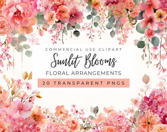 Imágenes prediseñadas de flores iluminadas por el sol, papelería nupcial brillante, flores de color rosa fucsia y naranja elegantes, hortensias (uso comercial)