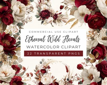 Imágenes prediseñadas de flores silvestres etéreas, ramos de flores rojo intenso, peonías color marfil, invitación de boda floral (uso comercial)
