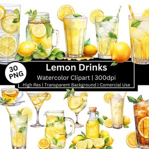 Citroen drankjes clipart, aquarel cocktails, ijsthee, limonadepot, fruit, smakelijk, zomer, geel, aquarel citrus graphics, commercieel gebruik.