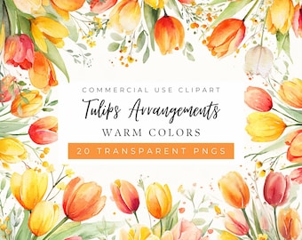 Imágenes prediseñadas de arreglos de tulipanes, ramos de colores cálidos, flores de primavera, flores naranjas, invitación de boda (uso comercial)