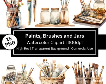 May include: Watercolor clipart set of 15 images featuring paintbrushes, jars, and paint. The images are high resolution and have a transparent background. The set is for commercial use.
