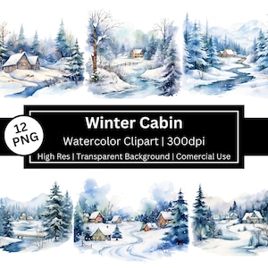 Clipart cabane d'hiver, scènes de neige, paysages d'hiver à l'aquarelle, arbre de Noël, paysage de neige, montagnes, forêt, usage commercial, POD autorisé.