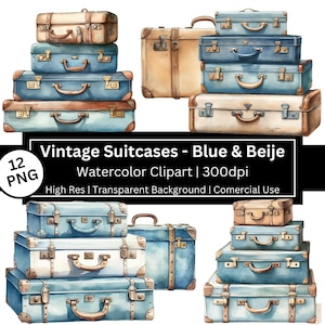 Clipart de mala vintage, bagagem, gráficos de viagem em aquarela, planejador de viagens, adesivos de turismo, uso comercial de scrapbook, POD permitido