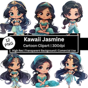 Jasmin Süß Clipart, Arabische Prinzessin, 12er Set Fantasy PNG, Märchen, Kawaii, Einladung, Prinzessinnenparty, kommerzielle Nutzung, POD erlaubt