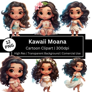 Moana Clipart carino, set di 12 PNG kawaii, chibi, fiaba fantasy, grafica dei cartoni animati, principessa polinesiana, biglietto di compleanno, uso commerciale gratuito