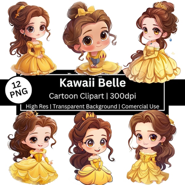 Belle Cute Clipart, Yellow Princess, Beauty and the Beast, Fantasy Fairytale, Kawaii, Cartoon, Princess Party, Comercial Use, POD Allowed