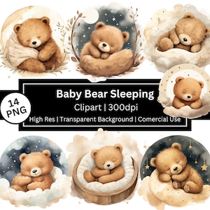 Schlafender Bär Clipart, niedlicher Aquarell Bär, verzaubert, Babyparty, Jubiläum, Kinderzimmer Clipart, magisch, Sterne, kommerzielle Nutzung, POD erlaubt