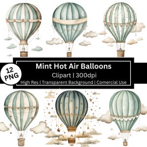 Clipart di mongolfiere, mongolfiere vintage, cameretta dei bambini, menta, baby shower, viaggi, illustrazioni di libri, arte per bambini, uso commerciale, POD consentito