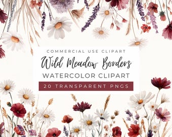Imágenes prediseñadas de bordes de praderas silvestres, flores silvestres de verano, amapolas, lavanda, boda bohemia, plantas secas (uso comercial)