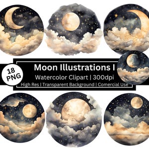 Clipart di illustrazioni di luna, luna ad acquerello, cielo notturno, stelle, nuvole, elementi celestiali, decorazioni per pareti della cameretta dei bambini, uso commerciale, POD consentito
