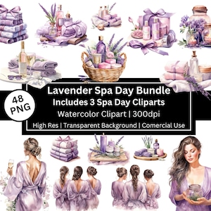 Offre groupée de journée au spa, lot de 48 png de haute qualité, clipart aquarelle lavande, soins personnels, esthéticienne, EVJF, usage commercial, POD autorisé