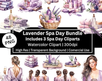 Lavendel Spa Day Bundle, Aquarell Mädchen Clipart, Selbstpflege, Hautpflege, Brautjungfern, Öle (Kommerzielle Nutzung)