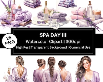Spa Tag Clipart, Lavendel, Relax, Aquarell Mädchen, Terapy, Badesalz, Bademäntel, lila (Kommerzielle Nutzung)