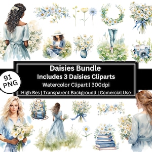 Daisies Bundle, Watercolor Daisy Flower, Wild Flowers Clipart, Spring Stickers, Wedding, Planner, Invitation, Comercial Use, POD Allowed
