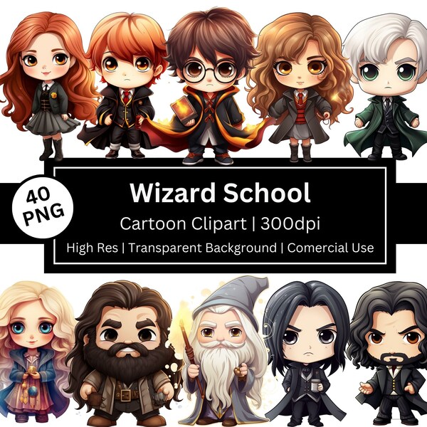 Magic Wizard Clipart, Wizards Cute characters, Cartoon Wizard School, High Resolution Chibi, Kawaii, Fan Art, Comercial Use, POD Allowed