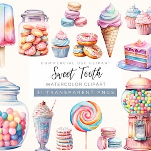 Op de afbeelding: Waterverf illustratie van diverse zoetigheden, waaronder macarons, cupcakes, donuts, ijs en een kauwgomballenautomaat. De tekst luidt "Sweet Tooth" en "31 Transparent PNGs".