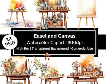 Watercolor Painter Clipart, Easel and Canvas, Artistic Corner, Hobbies Graphics, Scrapbook, Cards (Commercial Use)