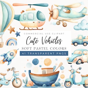 Arten von Transport Clipart, niedliche Fahrzeuge, Aquarell Transport, Fahrzeug-Illustration, Jungen-Kinderzimmer, weiche Pastellfarben, kommerzielle Nutzung