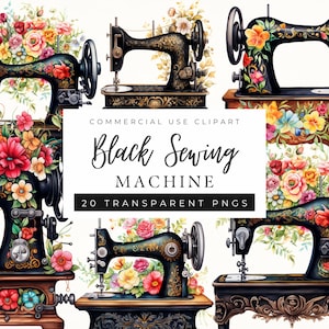Black Floral Sewing Machine PNG, Floral Sewing Machine Clipart, Embroidery, Vintage, Shabby Chic, Cottagecore, Commercial Use, POD Allowed
