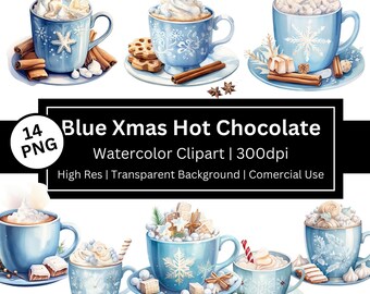 Hot Cocoa Clipart, Blue Christmas, Set of 14 Hot Chocolate PNG, Cozy Xmas, Winter Junk Journal, Coffee Mug, Comercial Use, POD Allowed.