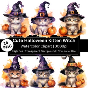 Cute Halloween Kitten Clipart, Witches Black Cat Png, Black Hat PNG, Pumpkins, Spooky Vibes, Fall Junk Journal, Comercial Use, POD Allowed.