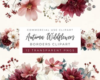 Imágenes prediseñadas de bordes de flores silvestres de otoño, boda de otoño, invitación a fiesta, ramo blanco y burdeos, estilo rústico (uso comercial)