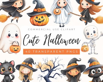 Lindo clipart de Halloween: Pequeño Boo, fantasmas de acuarela, calabazas, brujas, gatos, fiesta espeluznante (uso comercial)