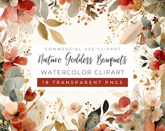 Imágenes prediseñadas de ramos de flores de diosas de la naturaleza, gráficos rústicos para bodas, colores suaves, flores silvestres, etéreos, tonos neutros (uso comercial)