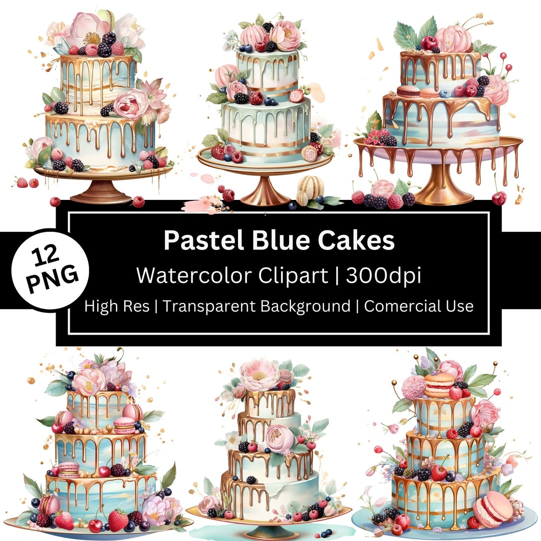 Soft Blue Cake Clipart, Watercolor Pastel Cakes, Luscious Sweets ...
