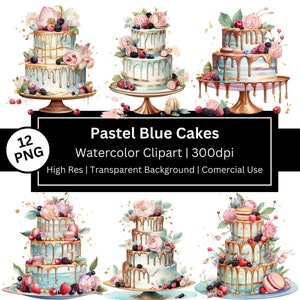 Soft Blue Cake clipart, Watercolor Pastel Cakes, Luscious Sweets, Dessert graphics, Dripping Cake, Birthday, Comercial Use, POD Allowed