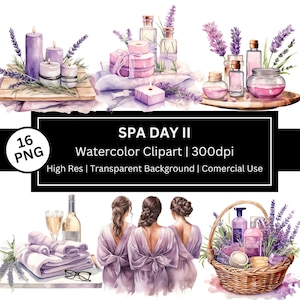 Clipart aquarelle journée au spa, soins personnels png haute qualité, clipart relaxant, bougie, serviettes, lavande, esthéticienne, usage commercial, POD autorisé