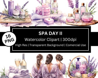 Spa Day Watercolor Clipart, Lavender, Candles, Creams, Selfcare, Terapy (Commercial Use)
